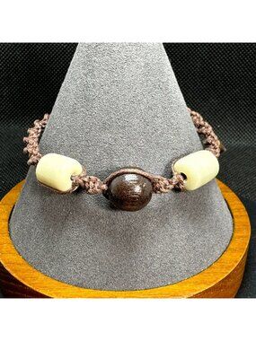 Natural Wood & Glass Macrame Handmade Bracelet 6-9 inches Adjustable Brown Nylon